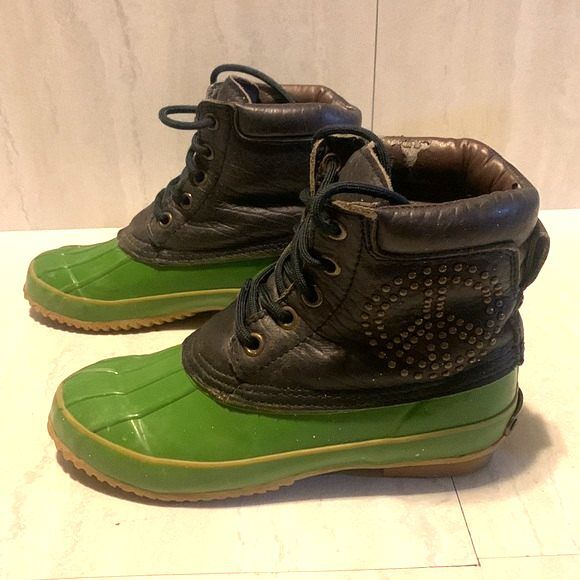Lucky Brand Waterproof Boot Women 8M Leather Duck Muck Rain Green Black Classic - Picture 2 of 12
